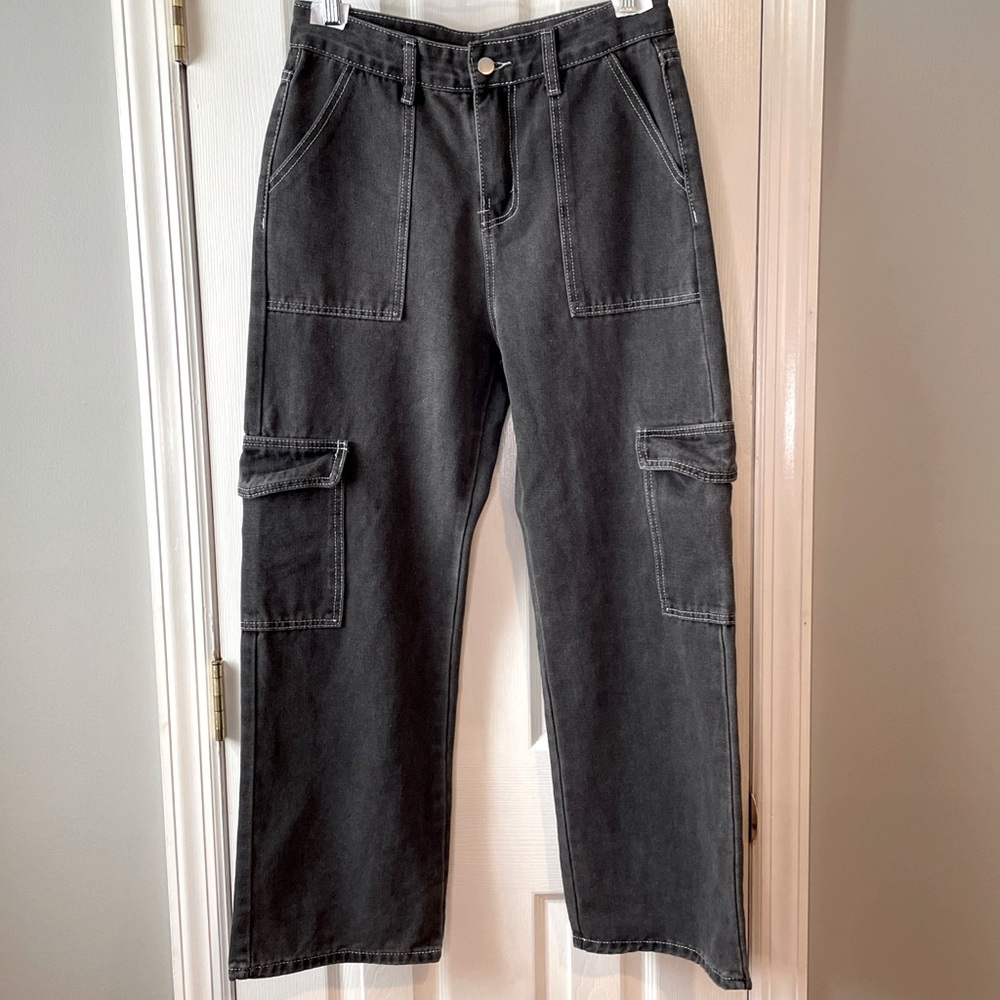 Romwe Baggy Jeans 6/M Black‎ Cargo Denim 90s Y2k Skater Punk Streetwear Grunge